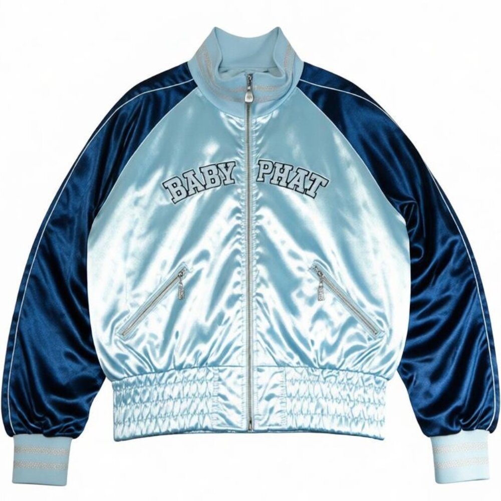 Baby Phat Satin Bomber Jacket Size XL Baby & Navy Blue Vintage Rare Hard to Find